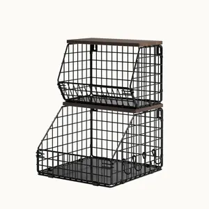【Local Shipping】2-Pack Stackable Wall-Mounted Wire Baskets | Onion & Potato Storage with Wooden Tabletop | Countertop or Wall-Mounted Kitchen Organizer | Pantry & Counter Space-Saving Design | Rust-Resistant Metal Hanging Baskets