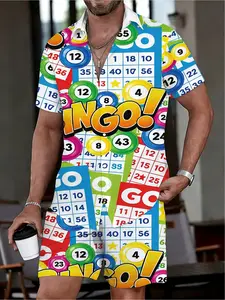 Summer men's shirts and waist-tightening shorts sets, colorful bingo game card and number ball combined print sets, men's two-piece clothing, casual lapel button-down short-sleeved shirts