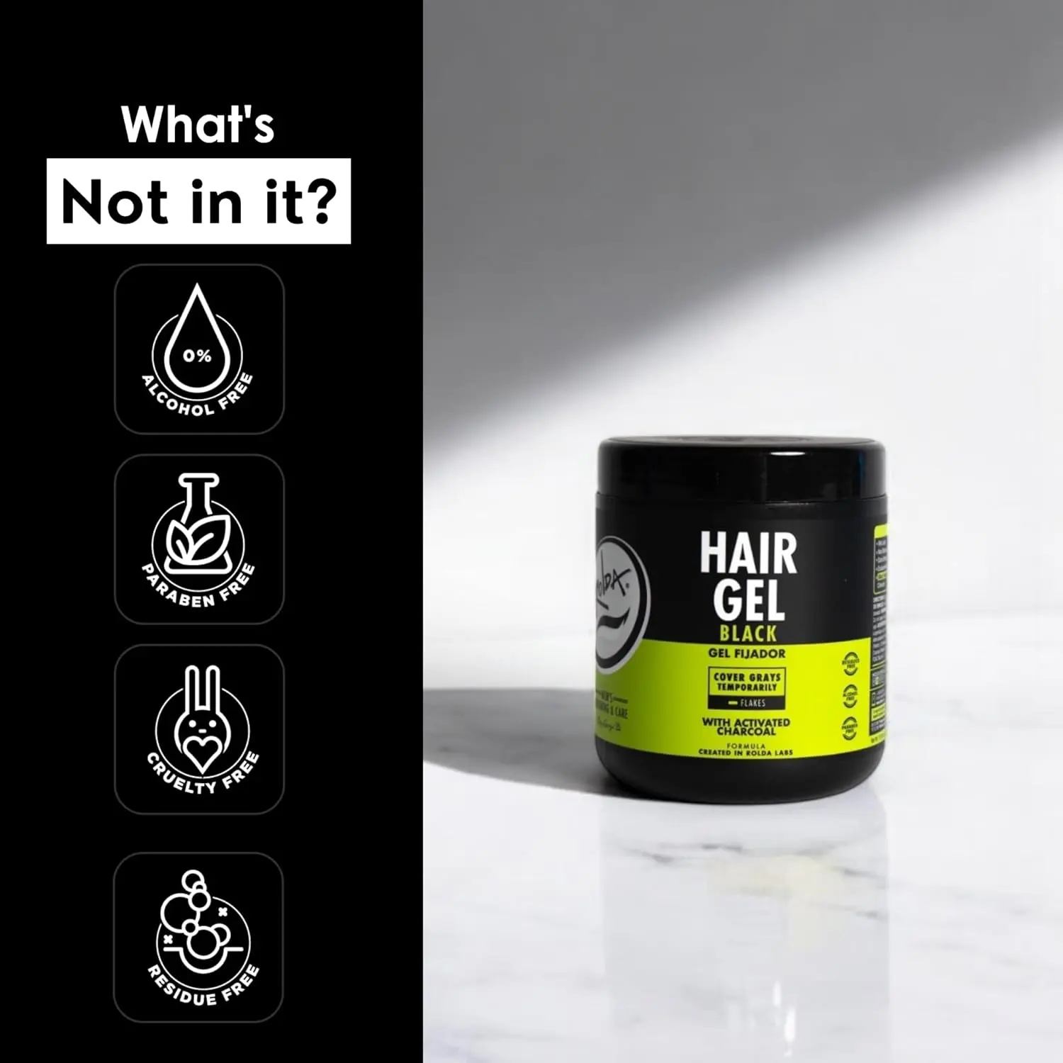 Rolda Black Styling Hair Gel - Medium To Strong Hold Activated Black Charcoal Covers Grey Hair Instantly 35.2oz