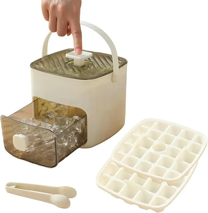 48-compartment ice maker with easy-press lid - Double-layer portable design, includes silicone tray, durable plastic construction, countertop ice maker, beverage cooling, suitable for homemade frozen foods and drinks, ideal for summer drinks.