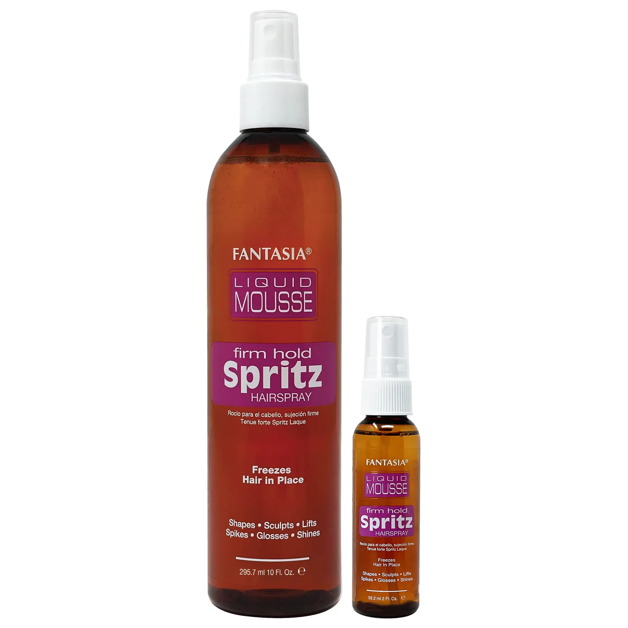 Fantasia IC Liquid Mousse Haircare Bundle - Alcohol-Free, Firm Hold, Travel-Ready, 2 Sizes: 2oz Mousse Spritz + 10oz Hair Spray with Unisex Fragrance, Firm/Strong Hold