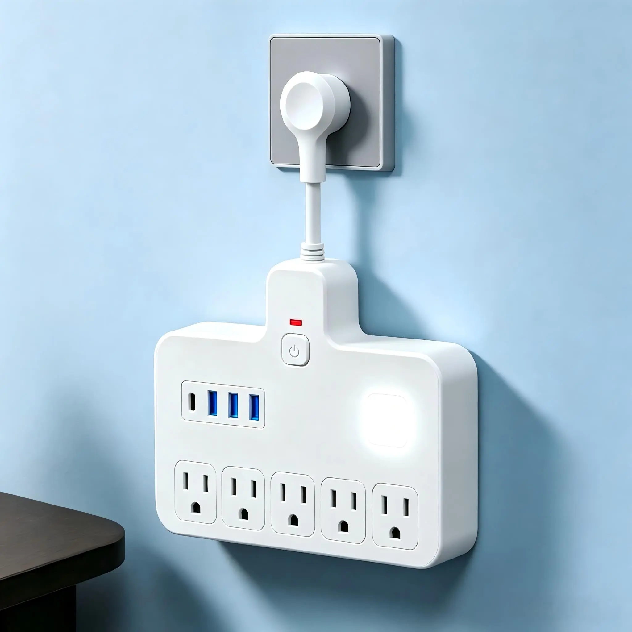 9-in-1 Surge Guard Wall Mount Outlet Expander, 2500W Max Load Portable Wall Socket with LED Nightlight, 5 AC Outlets, 3 USB Ports & 1 Type-C Port for Bedroom, Home Office