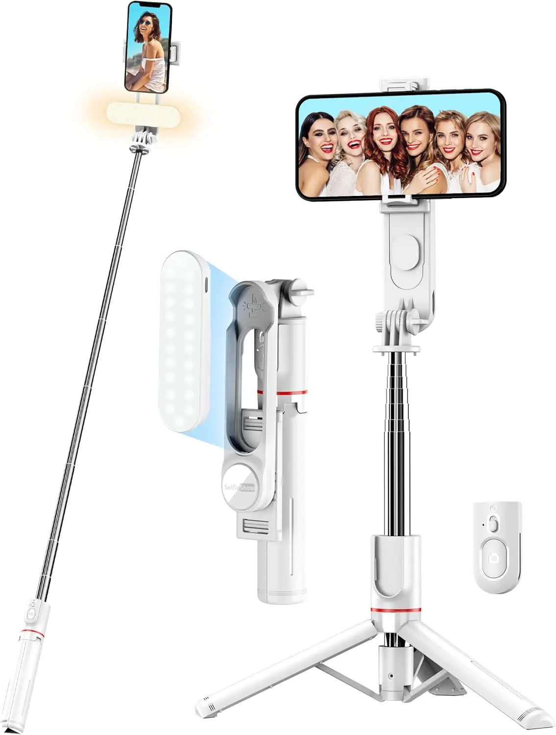 Selfie Stick Tripod with Fill Light, 44 Inch Extendable Selfie Stick with  Remote and Tripod Stand 360 Rotation for  15/14/13/12/11 Pro/XS Max/XR/X,  and Smartphone (White)