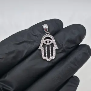925 Sterling Silver Hand of Hamza Charm Pendant with Moissanite and Evil Eye