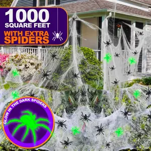 JoyX 1000 Square Feet Halloween Spider Web Decorations with 60 Plastic Fake Spider Glow, Indoor/Outdoor Decoration for Spooky Parties