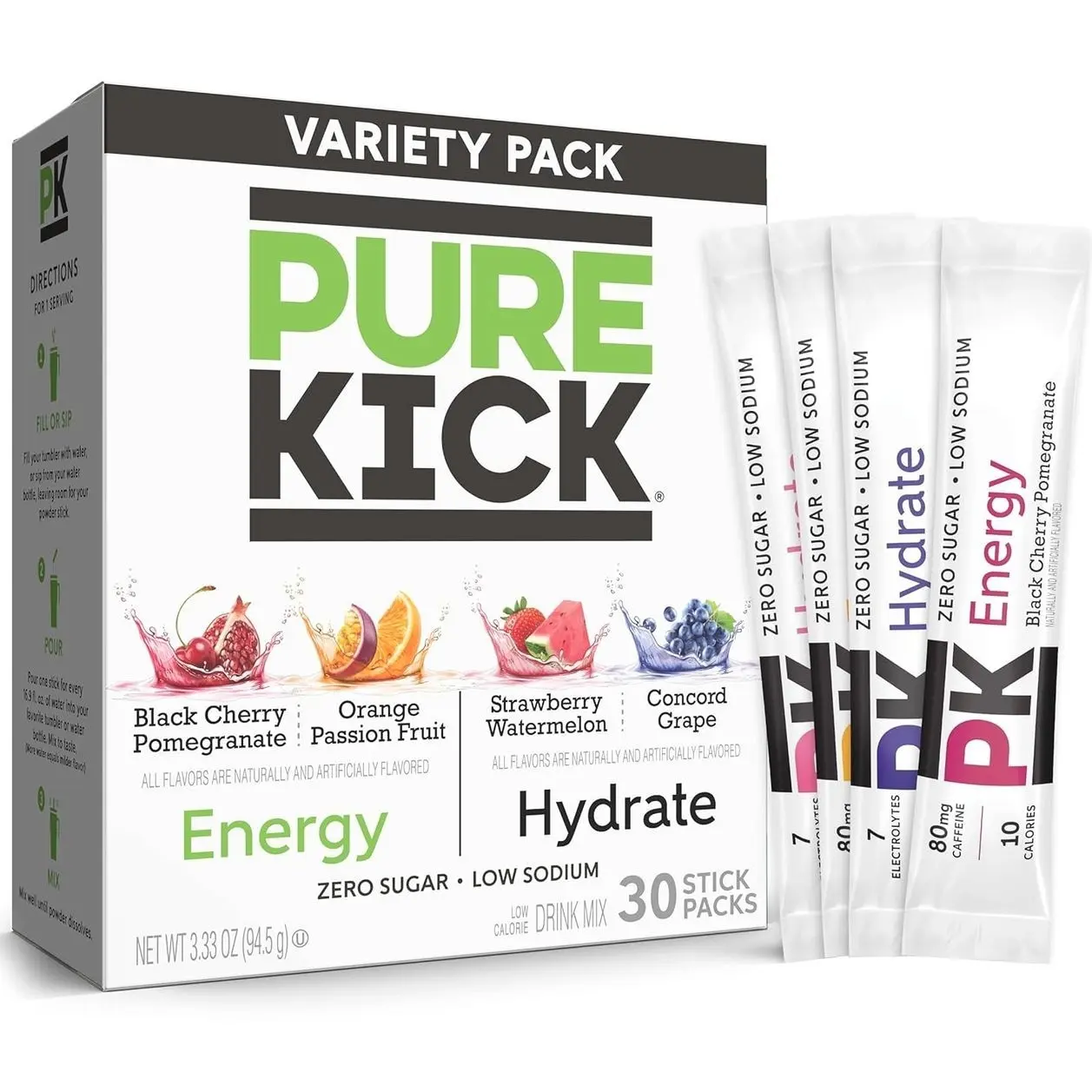 PURE KICK Energy and Hydrate Singles To Go Drink Mix Variety Pack, Black cherry Pomegranate, Orange Passion Fruit, Strawberry watermelon and Concord Grape, 30 Count (Pack - 1)