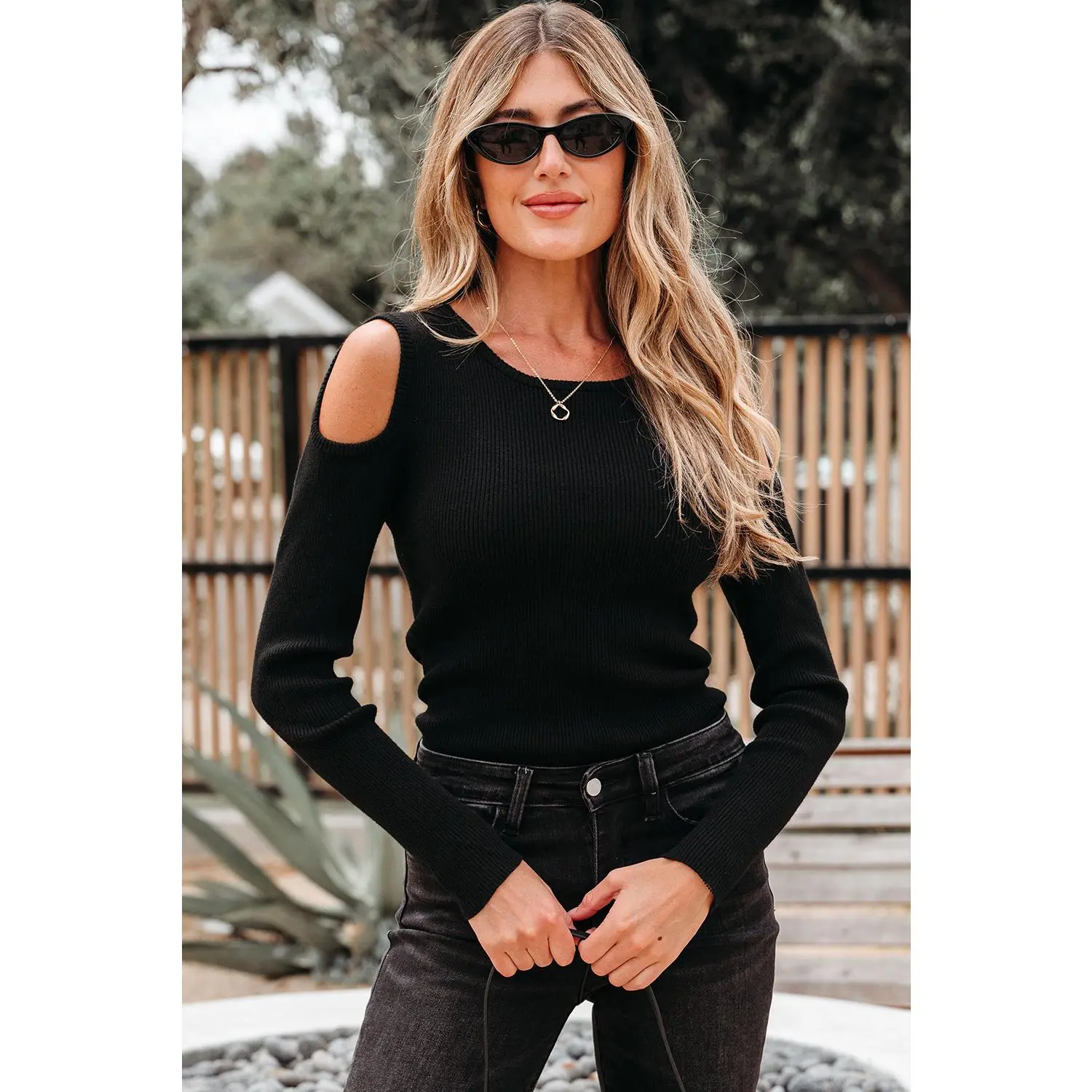 Amaya Ribbed Knit Cold Shoulder Sweater