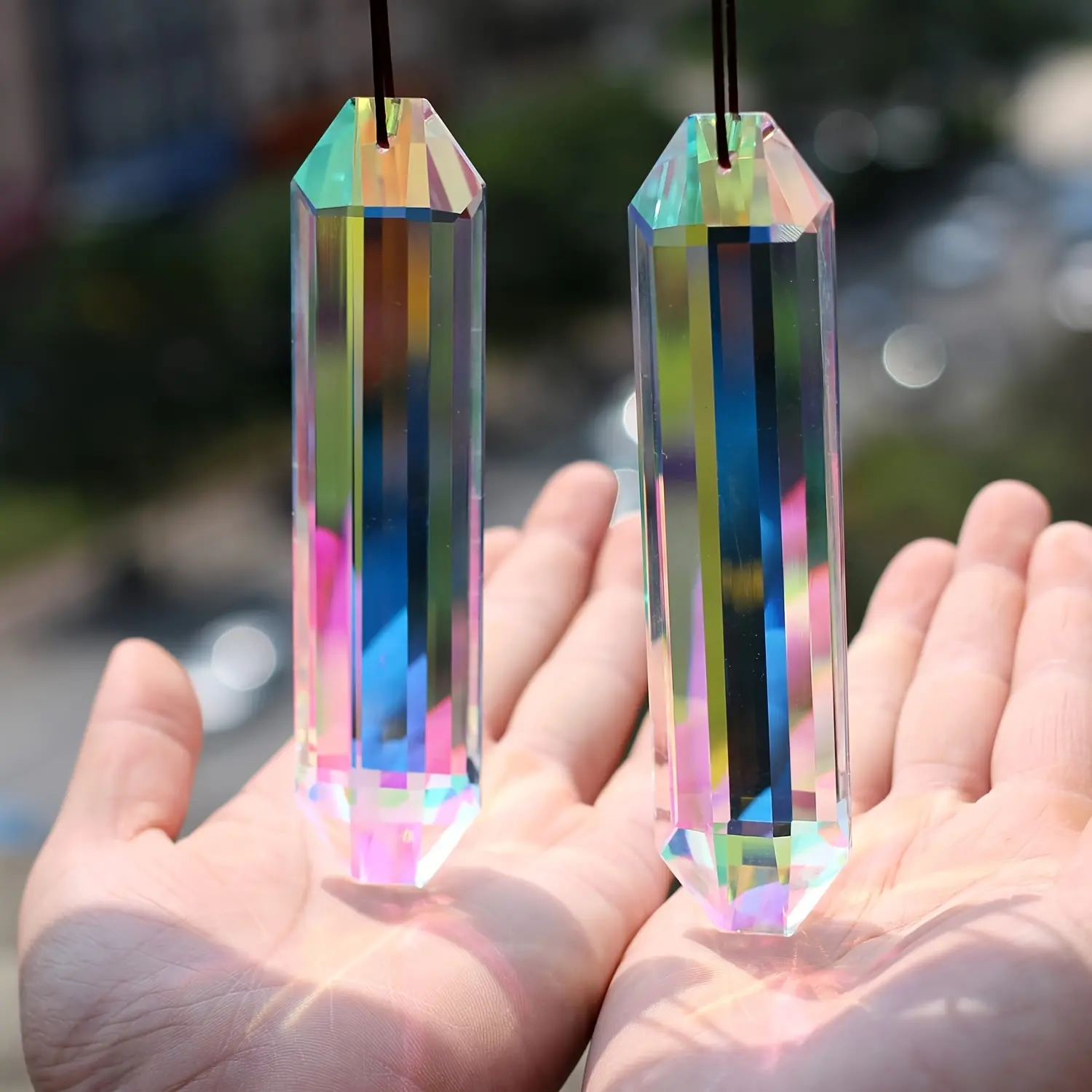 2 Piece Sun Catcher Prism Pendant, Sunlight Decorative Window Decor, Rectangular Ab Crystal Rods, Vibrant Rainbow Maker, Garden Hanging Sun Catcher