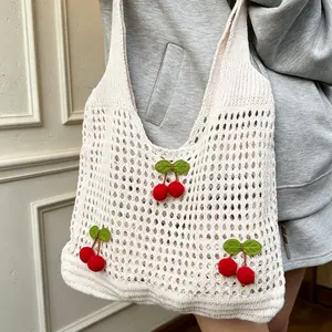 Knitted Beach Shoulder Tote Bag with Handmade Cherry Decorations and Mesh Cutout Crossbody Bag