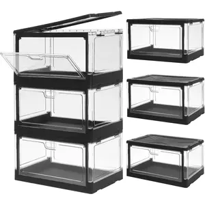 3-Pack Clear Stackable Storage Bins with Lids Magnetic Doors Open Front Foldable Folding Plastic Craft Containers Large Closet Organizers Box for Bedrooms Living Rooms Study 24 QT