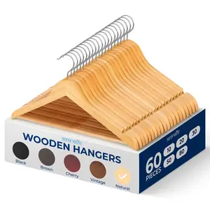 60 Pack Wooden Hangers - Natural Finish | Heavy-Duty Wood Coat Hanger with Pant Bar - Space-Saving Closet Organization Hangers for Coats, Jackets & Dresses - Household Essentials