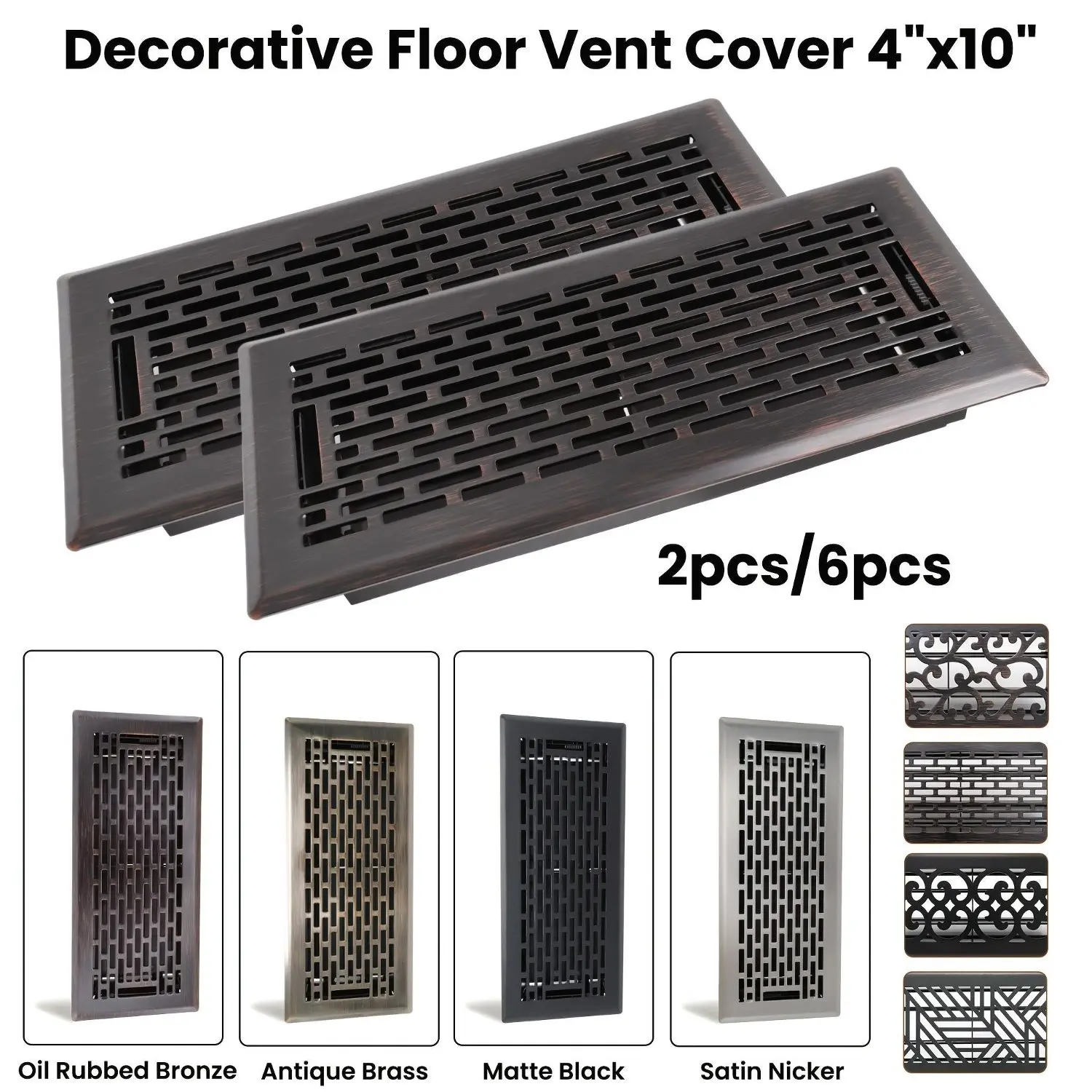 4x10 Air Floor Vent Register Cover, Heavy Duty Walkable Steel Floor Register, Adjustable Air Flow Decorative Floor Vent Cover For Home, 2pcs/6pcs Available, Multi Colors & Patterns