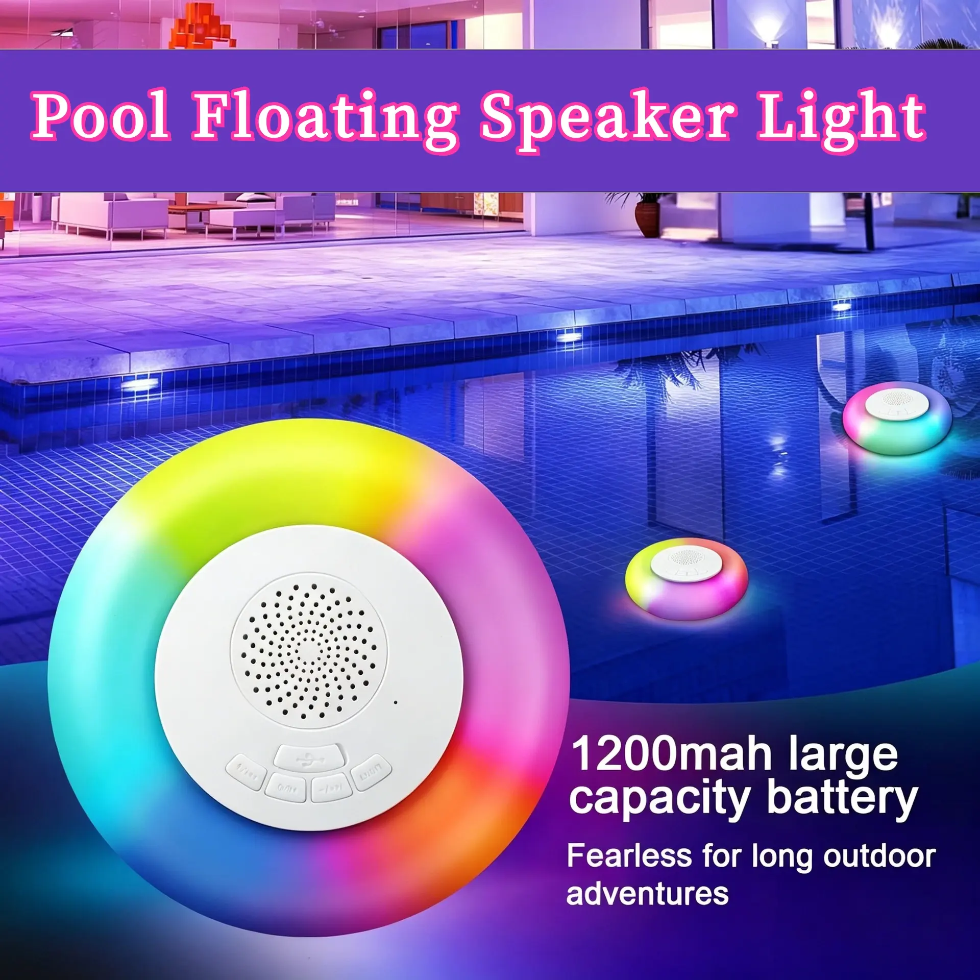 IPX7 Waterproof Floating Bluetooth Speaker with RGB Lights, TWS Stereo, Hands-Free Calls for Pool, Shower, Beach