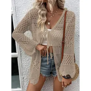 Women’s solid-color openwork crochet cardigan, summer casual long-sleeve knit sweater, fashionable Japanese-style women’s knitwear, knitted GARMENTARY