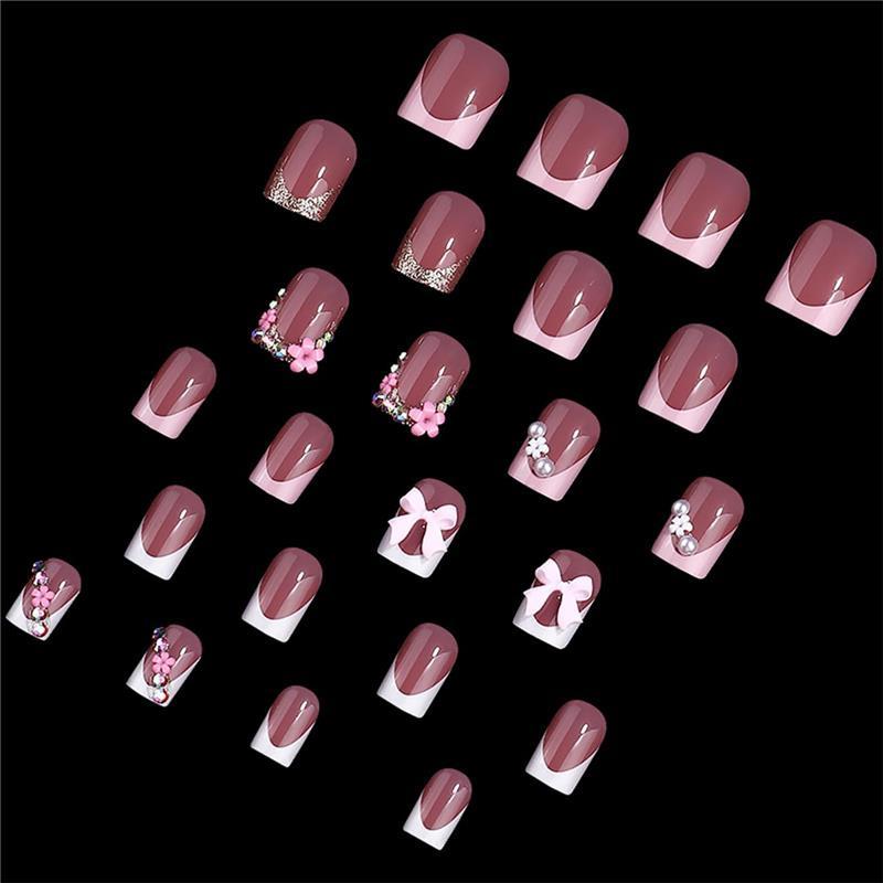 24pcs French Tip Press-On Nails - Short, Charms, Bow, Flower Design, Pink, Cute, Square Shape, Acrylic, Rhinestones