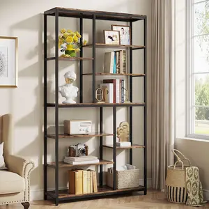 LITTLE TREE 79-Inch Tall Bookshelf, Modern Industrial Staggered Bookcase with 8 Open Shelves, Wood and Metal Etagere Display Shelf for Living Room, Home and Office