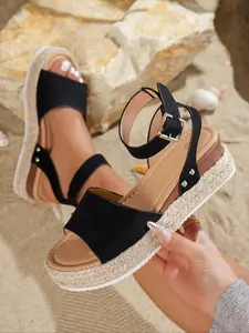 Women's Fashionable Plain Color Sandals, Casual Comfortable Platform Sandals, Espadrille Wedge Sandals for Summer, Female All-match Shoes for Daily Wear, Girl