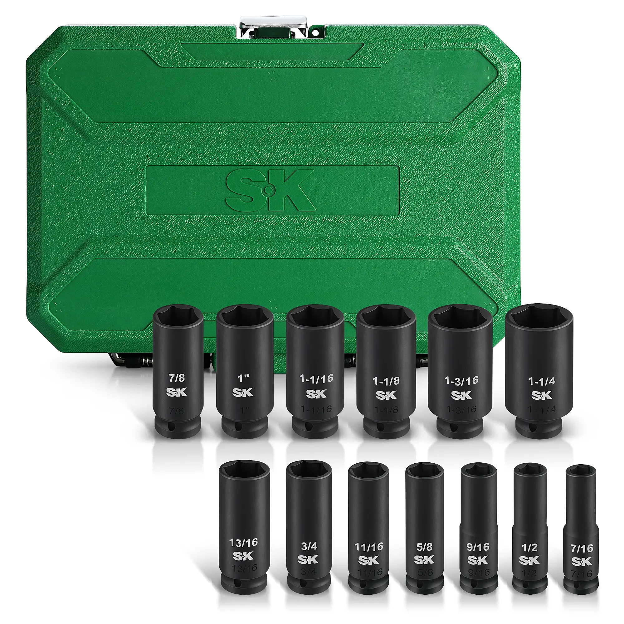 #summersale SK 1/2" Drive Impact Socket Set, Deep Metric & SAE Sockets, 13-Piece, Premium CR-MO Steel, SureGrip 6 Point Design, With Storage Case