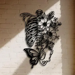 Skeleton & Flower & Butterfly Design Wall Art, Metal Wall Decor, Wall Hanging Decor for Home Living Room Bedroom, Home Decor, Poster, Tombstone Wall Art
