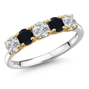 925 Silver and 10K Yellow Gold Lab Grown Diamond and Black Onyx Wedding-Bands Ring For Women | 1.25 Cttw | Round 4MM | Gemstone April Birthstone