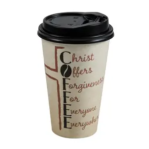 5 1/4" 16 oz. Religious Disposable Paper Coffee Cups with Lids - 12 Ct.