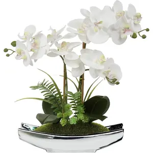 Artificial white butterfly orchid with flower pot, used for home, office, living room, dining table decoration