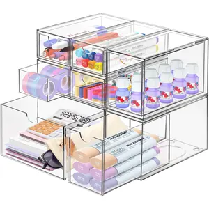 Desk Organizer with 7 Drawers,  7 Packs  Stackable Desktop Storage Drawers Makeup Organizer, Clear Craft Storage Box Cabinets for Office Vanity Countertop Bathroom Bedroom