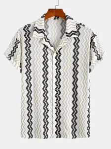 Men's Stretch Knit Jacquard Striped Short Sleeve Shirt, Casual Button Down with Classic Collar, Summer and Daily Wear, Casual Button Collared
