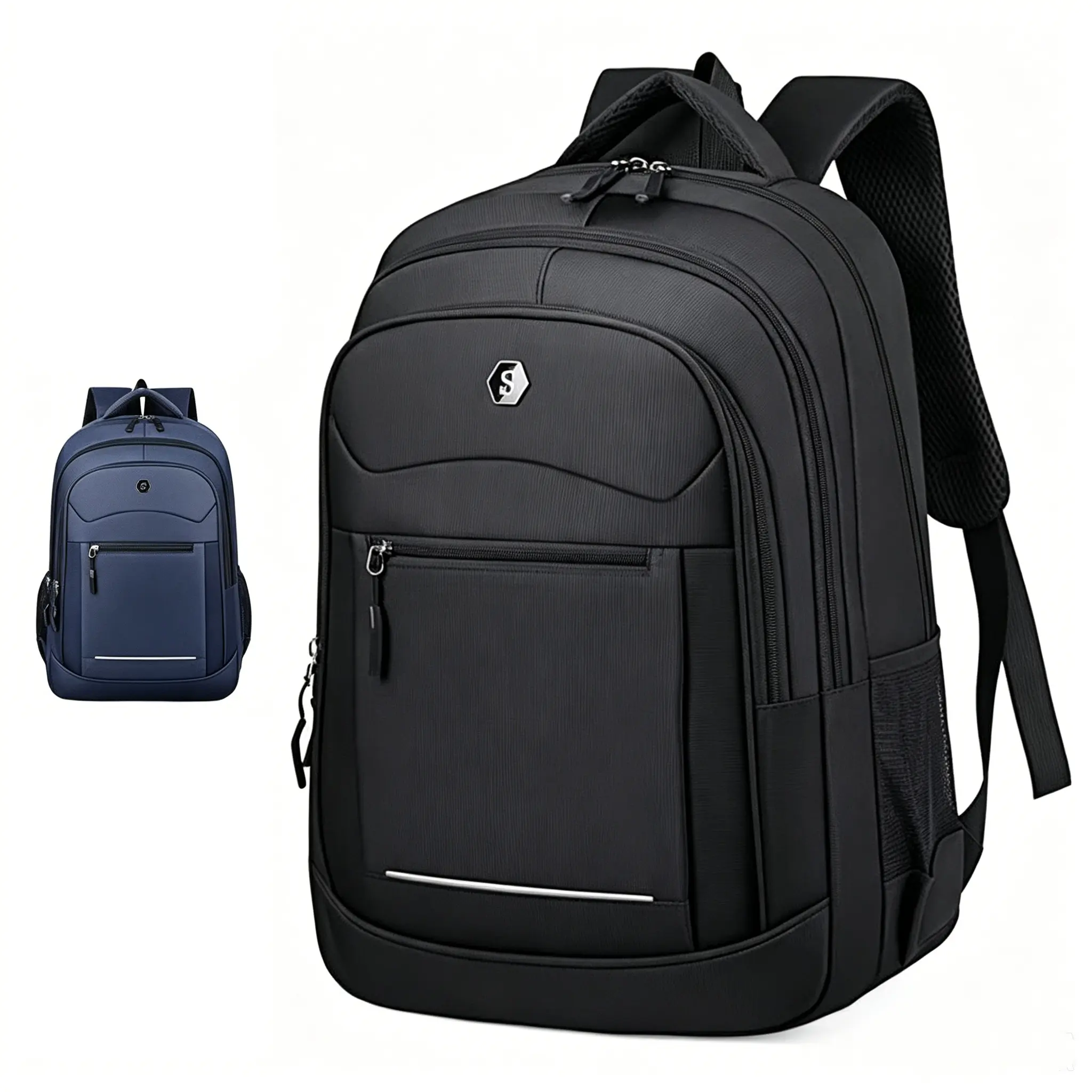 Unisex Plain Classic Black Nylon Backpack for School - Adjustable Padded Shoulder Straps, Built-In Organizer, Casual Athletic Design, Chain Accent, Hand Wash Only (For Teens & Adults)