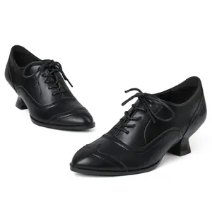 Womens Genuine Leather Brogue Kitten Heel Oxfords Comfortable Lace Up Dress Shoes for Office Business Casual Vintage Closed Toe Work Heels for Everyday Wear