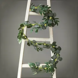 20 LED Artificial Garland String Lights 6ft Eucalyptus Leaf Design Willow Green Warm White - Battery Operated Decorative Lights