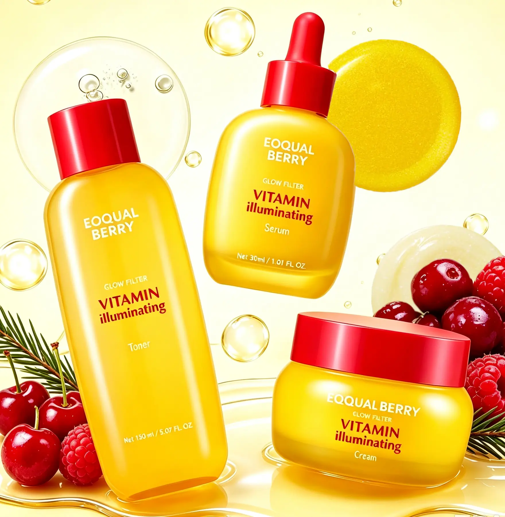EQQUALBERRY Vitamin Illuminating Skincare Set–Toner+Serum+Cream I Vitamin C & Niacinamide Targets Dark Spots | Glowy, Lightweight Hydration