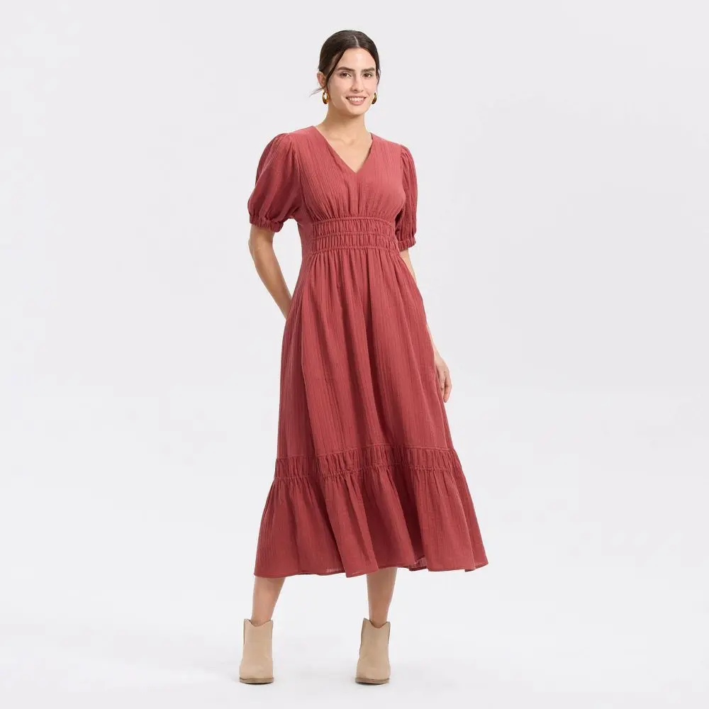 balloon sleeve a line dress Light Blue Pleated Ruched Balloon Sleeve A-Line Midi Chiffon Dress – Loveiss main image 0