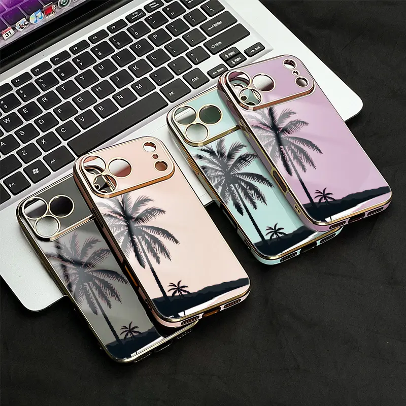 Tropical Palm Tree Metallic UV Print Silicone Shell Phone Case - Slim Fit, Shockproof Protection, Durable Silhouette Sunset Style Accessory for iPhone 17,16,15,14,13,12,11 Plus Pro Max, Nature Lover Gift, Casing