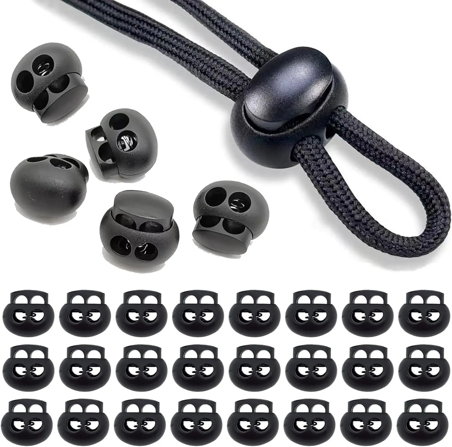 30 Pack Plastic Cord Locks, 6mm Double Hole Spring Toggles, Adjustable Length Lock for Backpacks, Tents & Gear - Salt Water Resistant, Gym, Clothing, Easy To Install, Outdoor, Lanyard, Lightweight, Spring Locks