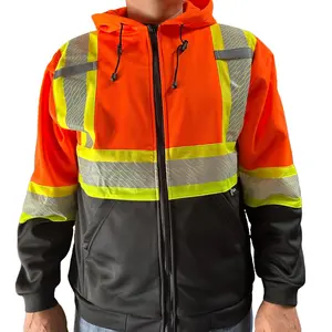 Orange 2 Tones Long Sleeve Hooded Safety Sweatshirt with zipper