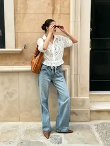 Women's Vacation Commute Casual 5/8 Sleeve Embroidered Hollow Out Waist Drawstring Shirt, Stylish and Comfortable Design for Daily Wear