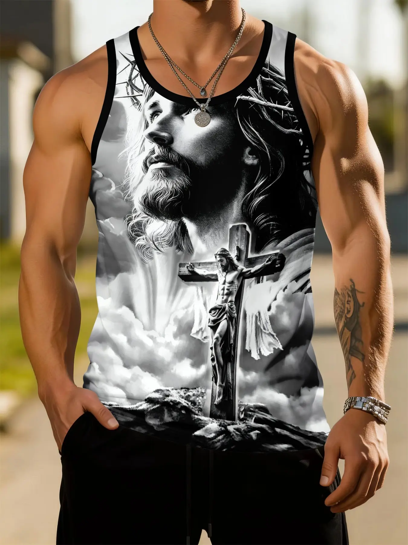 Men's Jesus Cross Graphic Print Vest, Sleeveless Printed Urban Street Tank, Christian Thorns Religious Sleeveless Shirts, Dark Retro Casual Streetwear Summer Breathable Fitness Top