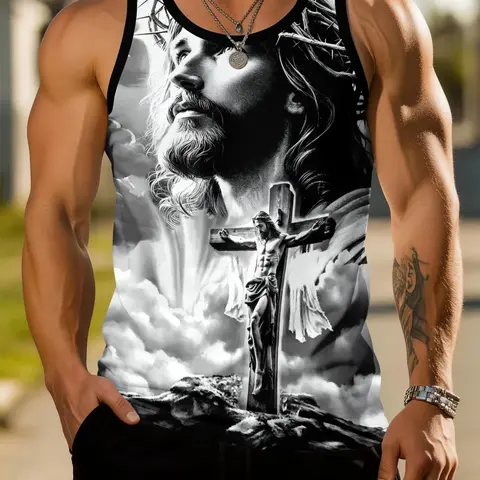 Men's Jesus Cross Graphic Print Vest, Sleeveless Printed Urban Street Tank, Christian Thorns Religious Sleeveless Shirts, Dark Retro Casual Streetwear Summer Breathable Fitness Top