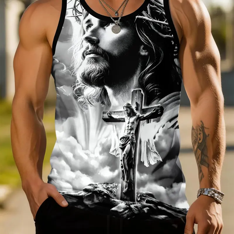 Men's Jesus Cross Graphic Print Vest, Sleeveless Printed Urban Street Tank, Christian Thorns Religious Sleeveless Shirts, Dark Retro Casual Streetwear Summer Breathable Fitness Top