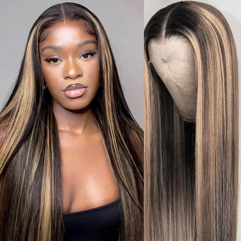 26 inch Black and Blonde Human Hair Wig Pre Plucked with Baby Hair 13x4 Highlight Wig Human Hair Balayage Lace Front Wigs Human Hair 200% Density for Women