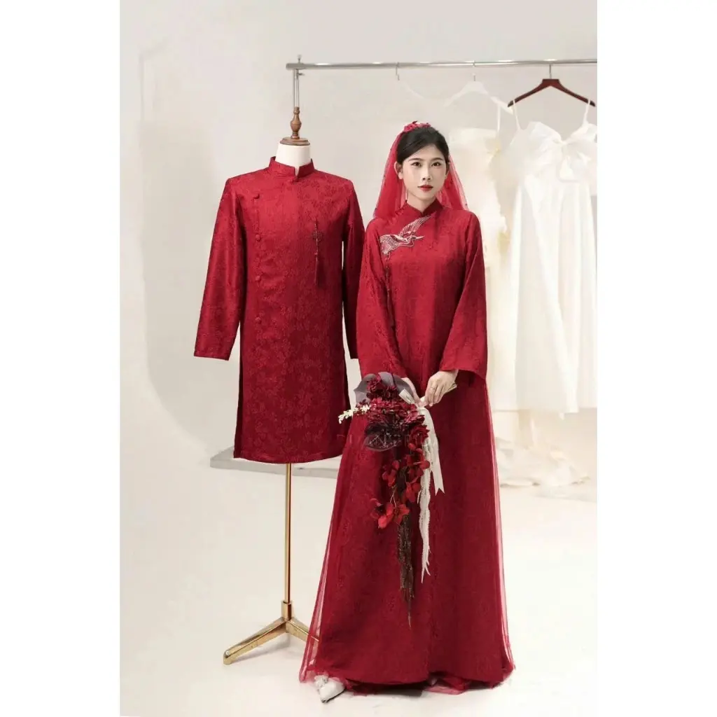 Traditional Vietnamese Couple Ao Dai Set – Elegant Wedding Matching Outfit