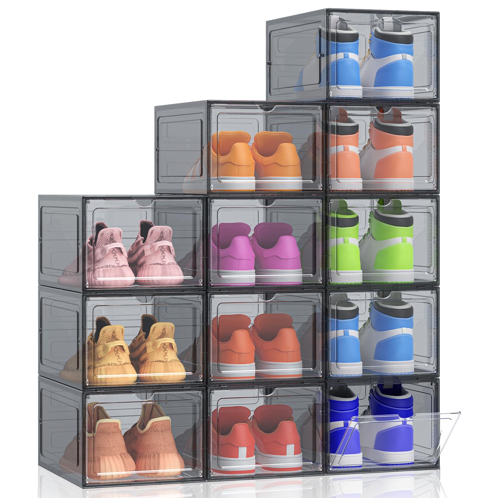 12 Pack Clear Black Shoe Storage Boxes, Stackable Plastic Shoe Organizer with Drop Front Door, Transparent Sneaker Storage Cases for Closet, Space Saving Shoe Containers for Men and Women, Foldable Shoe Box Organizer for Home