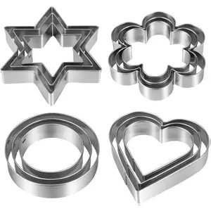 Cookie Cutters Set 12 Pieces Stainless Steel Heart Star Flower Round Shapes for Cookies Crafts Fondant Clay Pastries Cheese Reusable Bakeware Utensils