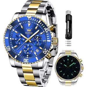 OLEVS Mens Cool Watches Chronograph Luxury Dress Big Dial Stainless Steel Waterproof Analog Quartz Moon Phase Classic Business Luminous Round Watch for Men Casual Trendy Wristwatch