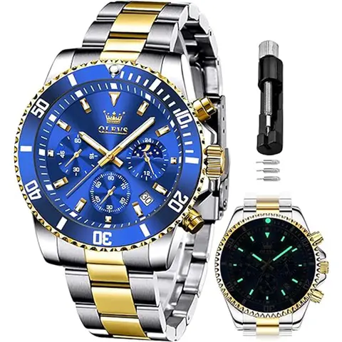 OLEVS Mens Cool Watches Chronograph Luxury Dress Big Dial Stainless Steel Waterproof Analog Quartz Moon Phase Classic Business Luminous Round Watch for Men Casual Trendy Wristwatch