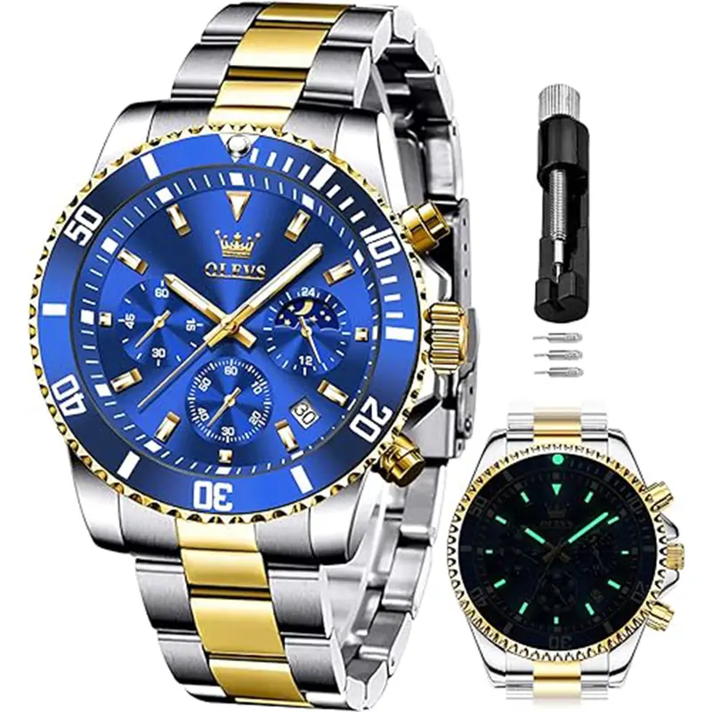 OLEVS Mens Cool Watches Chronograph Luxury Dress Big Dial Stainless Steel Waterproof Analog Quartz Moon Phase Classic Business Luminous Round Watch for Men Casual Trendy Wristwatch