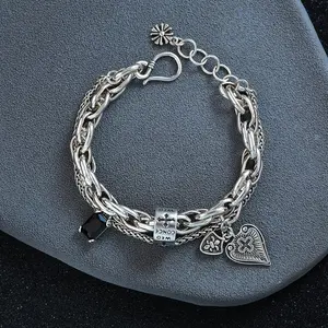 925 Sterling Silver Bracelet for Women & Men, Vintage Heart & Cross Pendant, Trendy String Jewelry, Perfect Party Gift