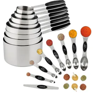 Set of 16 stainless steel measuring cups spoon set for dry and liquid ingredients. Fits in spice jars