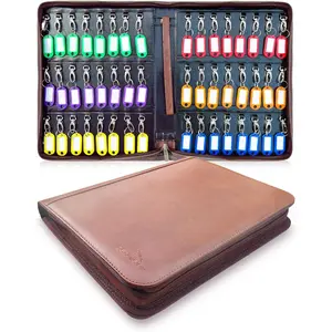 Portable Zippered Leather Key Organizer Case with 48 Key Hooks and Tags, Key Storage Holder Box for Apartment Manager Landlord Real Estate Sales Hotels Car Service